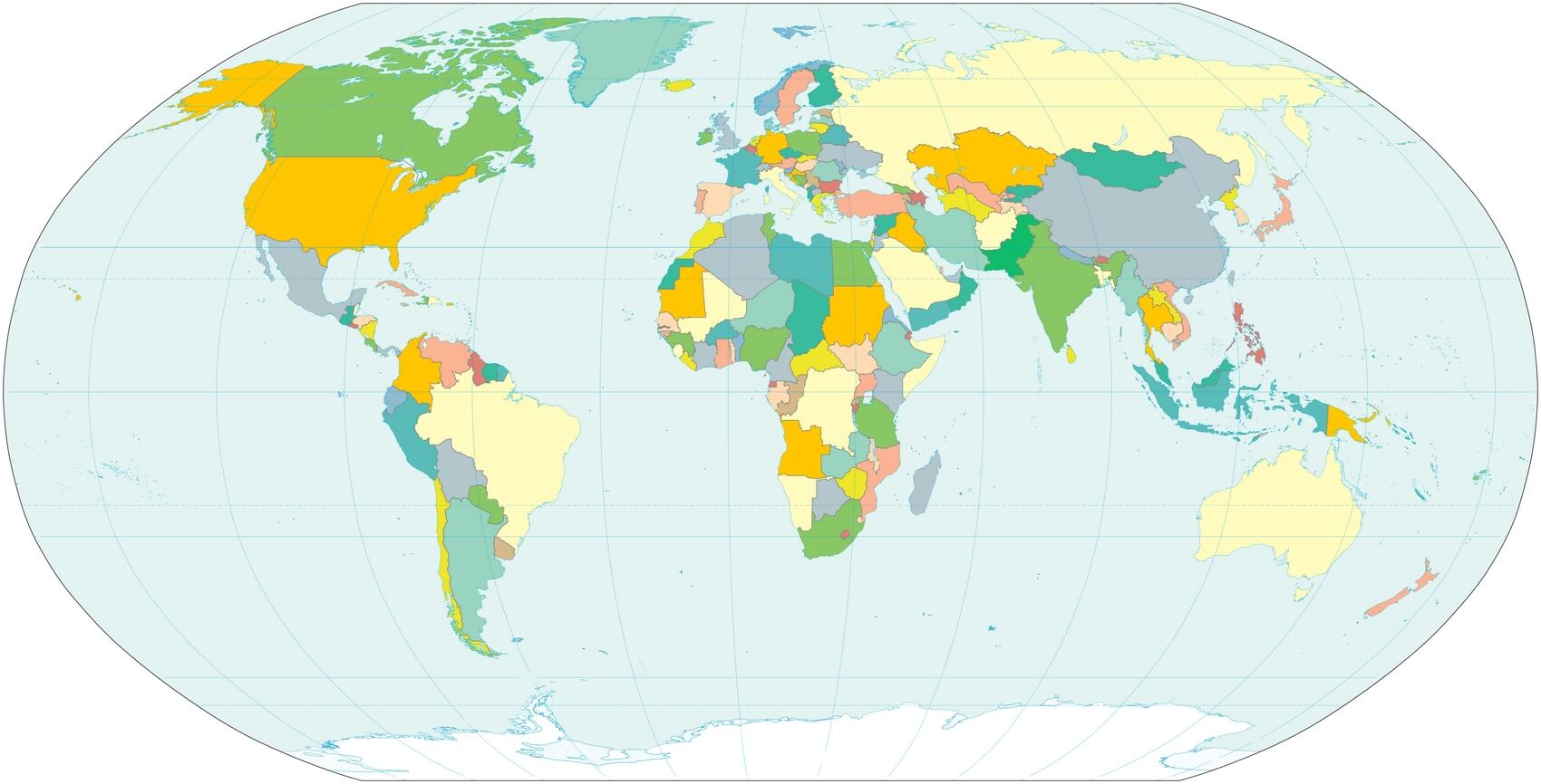 mapa mundial branco países coloridos